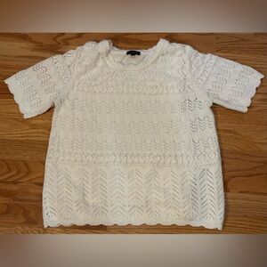 Talbots White Crochet Style Knit Short Sleeve Lined Top Sweater Size Medium